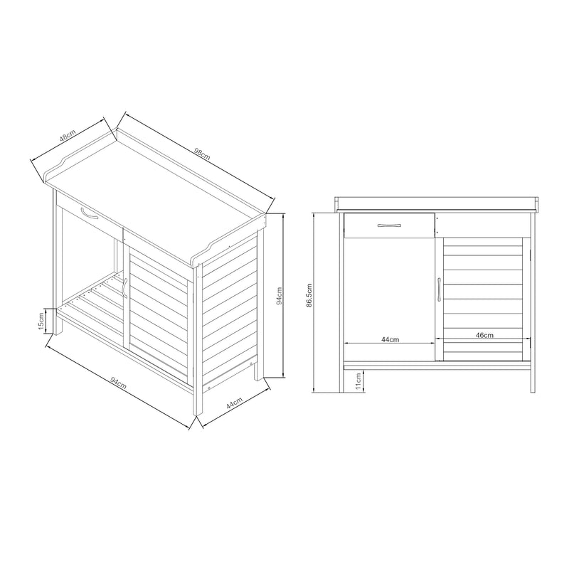 Croquis coté Table de rempotage Aliano 98 x 48 x 94 cm sapin gris casa.pro
