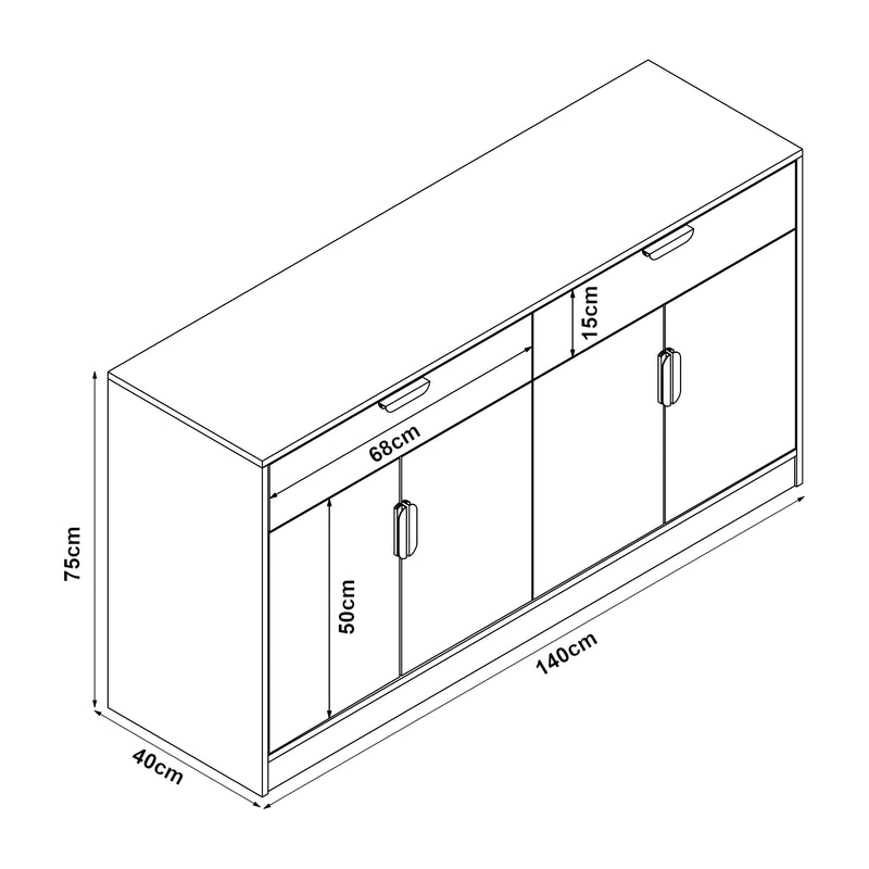 Croquis coté Buffet Varkaus MDF 75 x 140 x 40 cm effet chêne [en.casa]