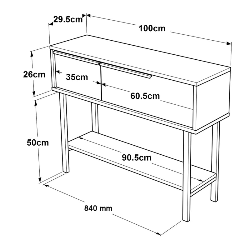 Croquis coté Table console Kvænangen 100 x 30 x 76 cm effet chêne aspect rotin noir [en.casa]