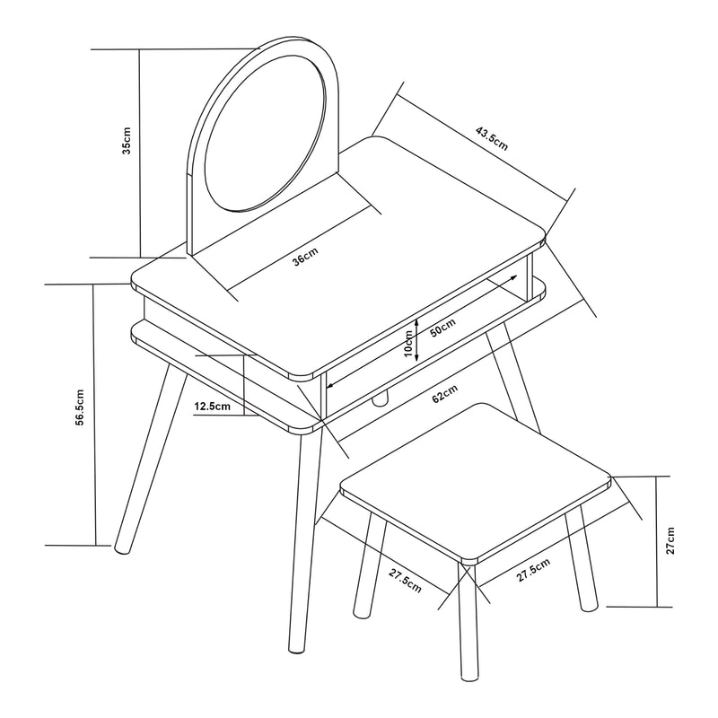 Croquis coté Table de maquillage pour enfants avec tabouret Ovanåker 91,5 x 62 x 43,5 cm Blanc/Naturel [en.casa]