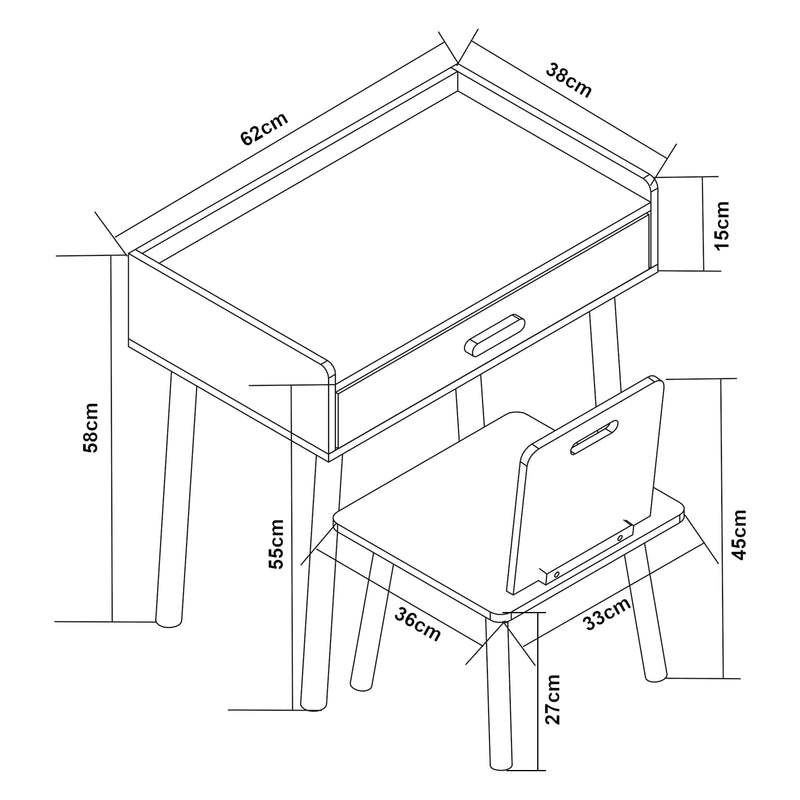 Croquis coté Ensemble de bureau et chaise pour enfants Skjervøy naturel blanc [en.casa]