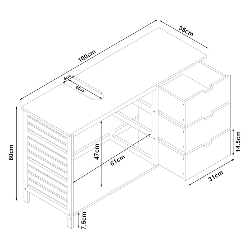 Croquis coté Meuble sous-vasque Boksereys bambou 60 x 100 x 35 cm naturel [en.casa]