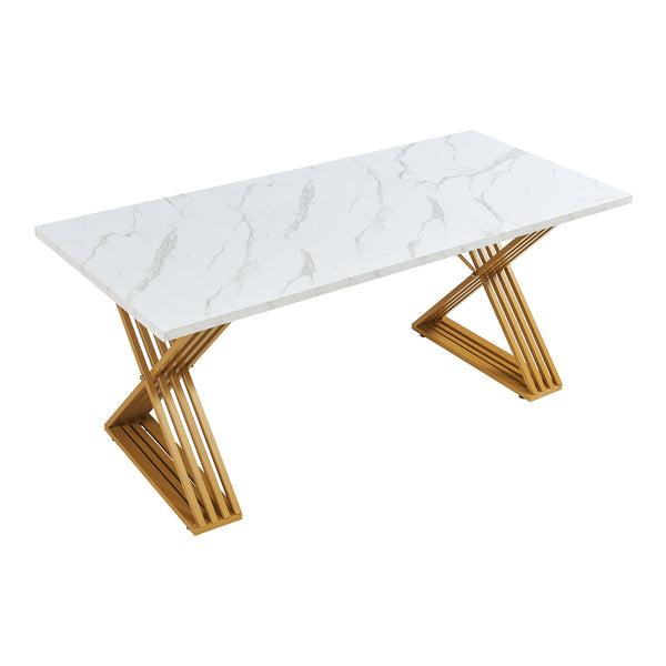 Table à manger Hujaari pour 6 personnes effet marbre blanc / doré [en.casa] 