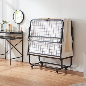 Lit pliant avec matelas en mousse froide Lustendi 90 x 200 cm noir effet chêne [en.casa]