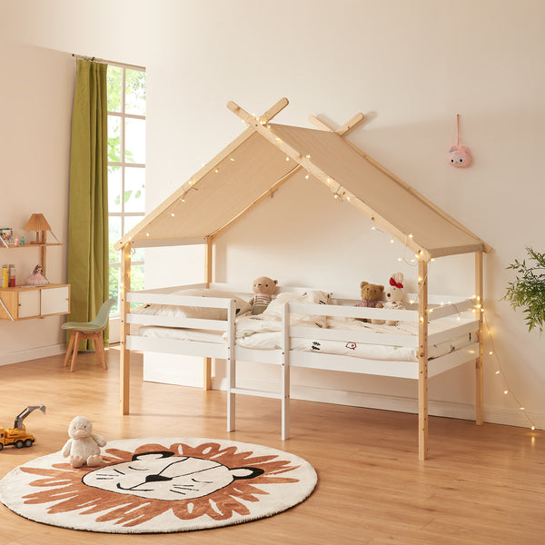 Lit cabane Surnadal avec matelas à mousse froide bois de pin 90 x 200 cm naturel blanc beige [en.casa]