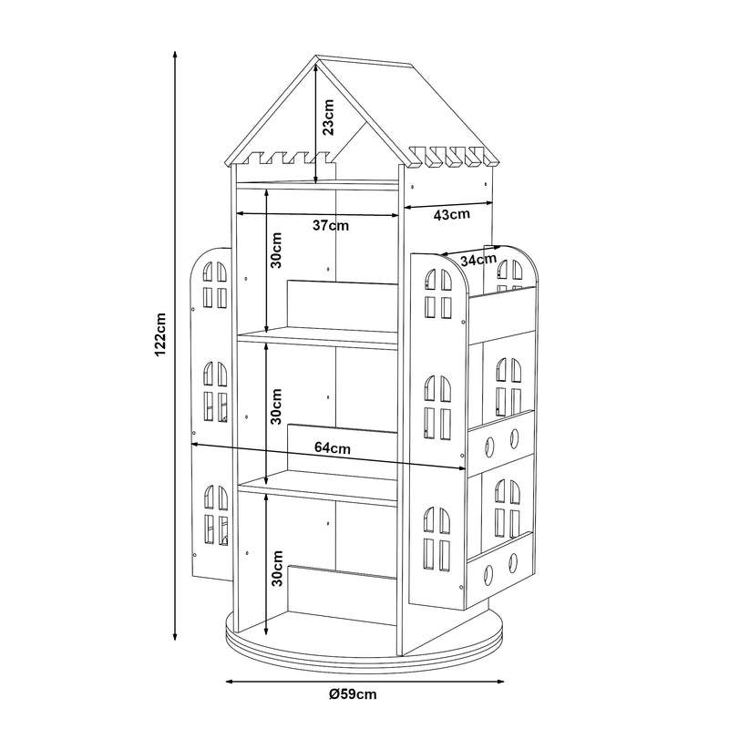 Croquis coté Bibliothèque rotative pour enfants Sanköre bois de pin naturel [en.casa] 