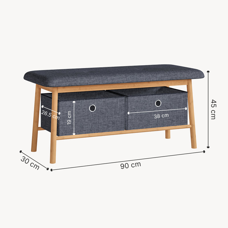 Croquis coté Banc à chaussures Vad bambou 90 x 30 x 45 cm naturel gris [en.casa]