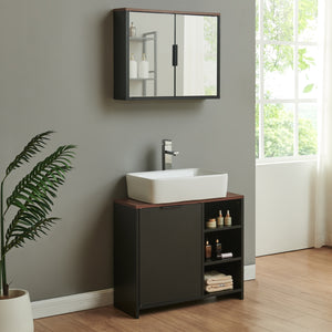 Armoire murale de salle de bain avec miroir Trond 50 x 60 x 15 cm noir effet noyer [en.casa]