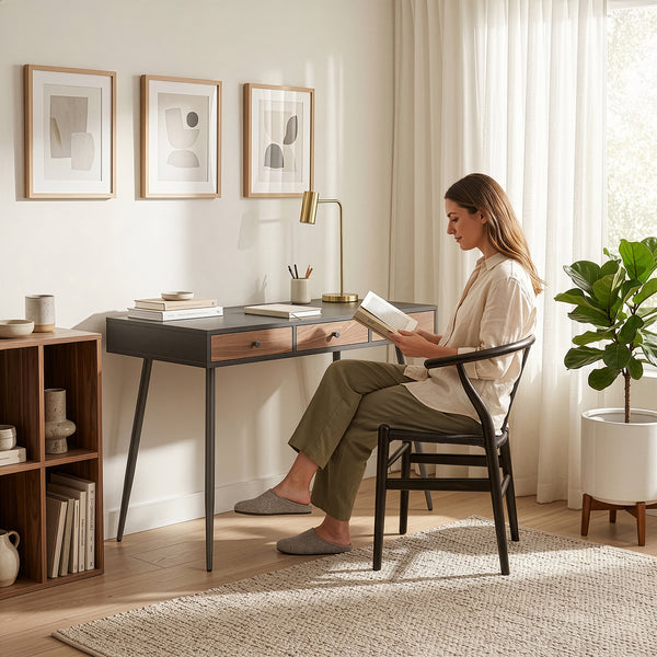 Bureau avec 3 tiroirs Tumba 76 x 115 x 48 cm noir effet noyer [en.casa]
