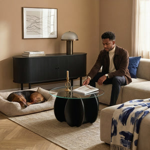 Table basse Karhuvandi avec plateau en verre Ø70x40 cm Noir/Gris [en.casa]