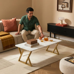 Salontafel Nolu 120x60x46 cm Goudkleurig/Marmerlook, wit [en.casa]