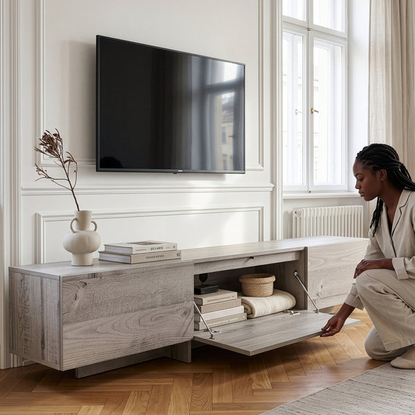 Meuble TV Kapipimso avec 3 volets 194x31x37 cm aspect chêne, gris [en.casa]