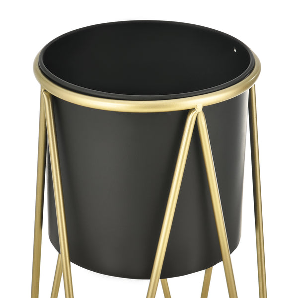 Bloempot op standaard set van 2 zwart en messing