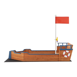 Bac à sable Mestia de forme bâteau en bois avec banc rabattable et drapeau 136 x 193 x 94 cm [en.casa]