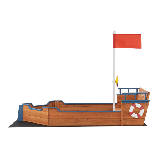 Bac à sable Mestia de forme bâteau en bois avec banc rabattable et drapeau 136 x 193 x 94 cm [en.casa]