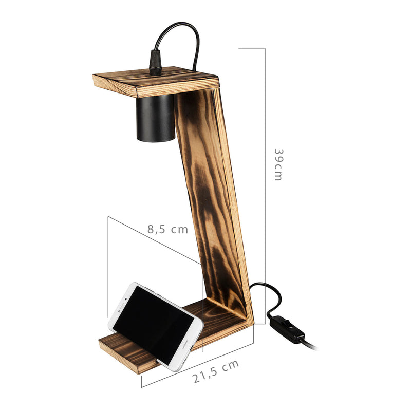 Croquis coté Lampe de bureau Gillingham en bois massif 39 cm E27 noir / naturel [lux.pro]