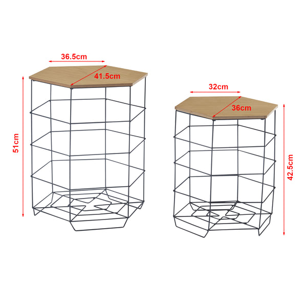 Lot de 2 paniers en métal Hørsholm avec plateau amovible hexagonal noir / effet bois [en.casa]
