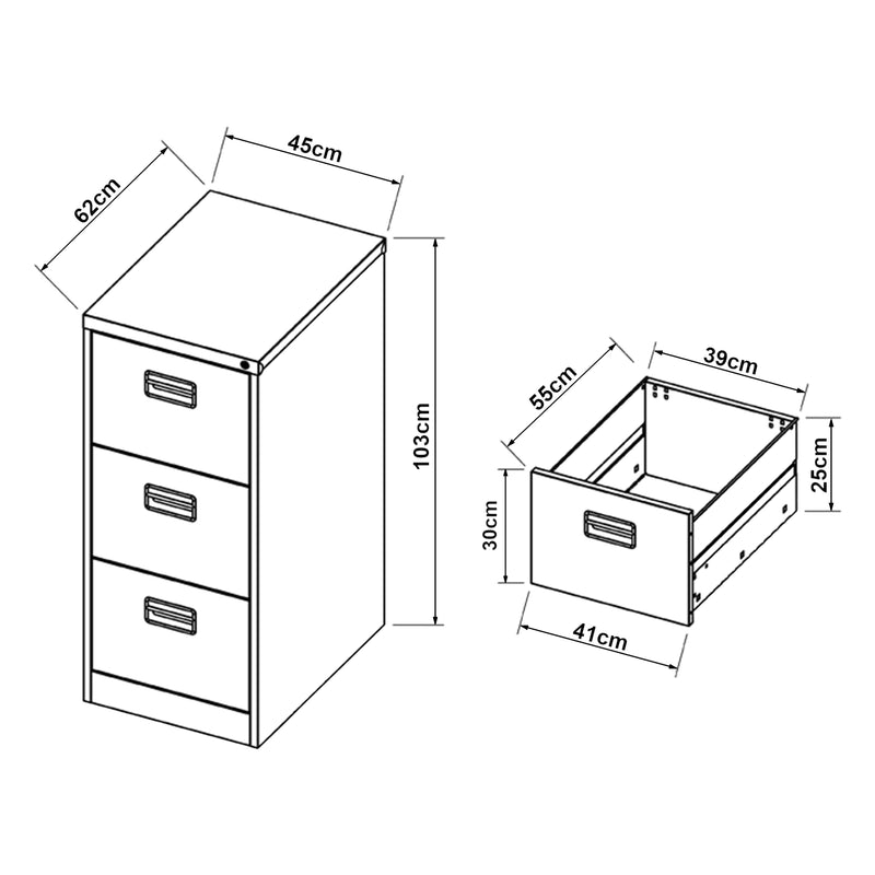 Croquis coté Caisson de bureau Rääkkylä acier 103 x 45 x 62 cm gris [en.casa]