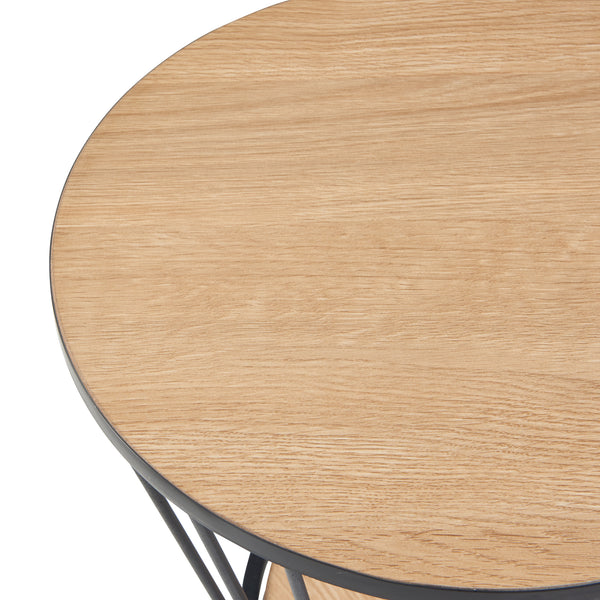 Table d'appoint Fossbergom avec plateau rond et étagère métal MDF 62 x 40 cm noir effet chêne [en.casa]