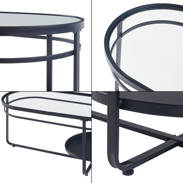 Table basse Kumla avec plateau ovale et étagère métal verre trempé 90 x 43 x 46 cm noir [en.casa]