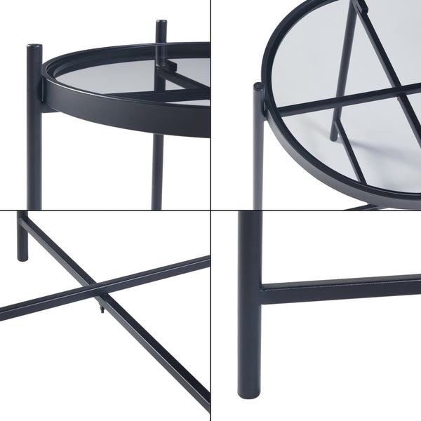 Table d'appoint ronde Lier verre trempé métal 46 x 42 cm noir [en.casa]