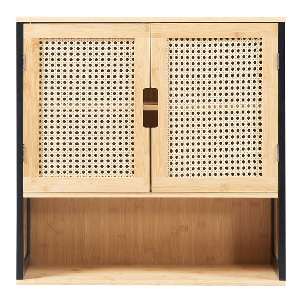 Badkamerkast Tervola zwevend 60x60x20 cm zwart naturel en rotan look [en.casa]