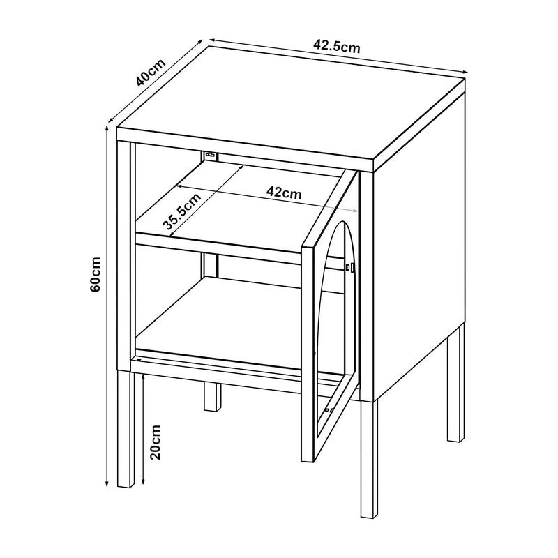 Croquis coté Table de chevet Karlskrona acier verre strié 60 x 43 x 40 cm noir mat [en.casa]