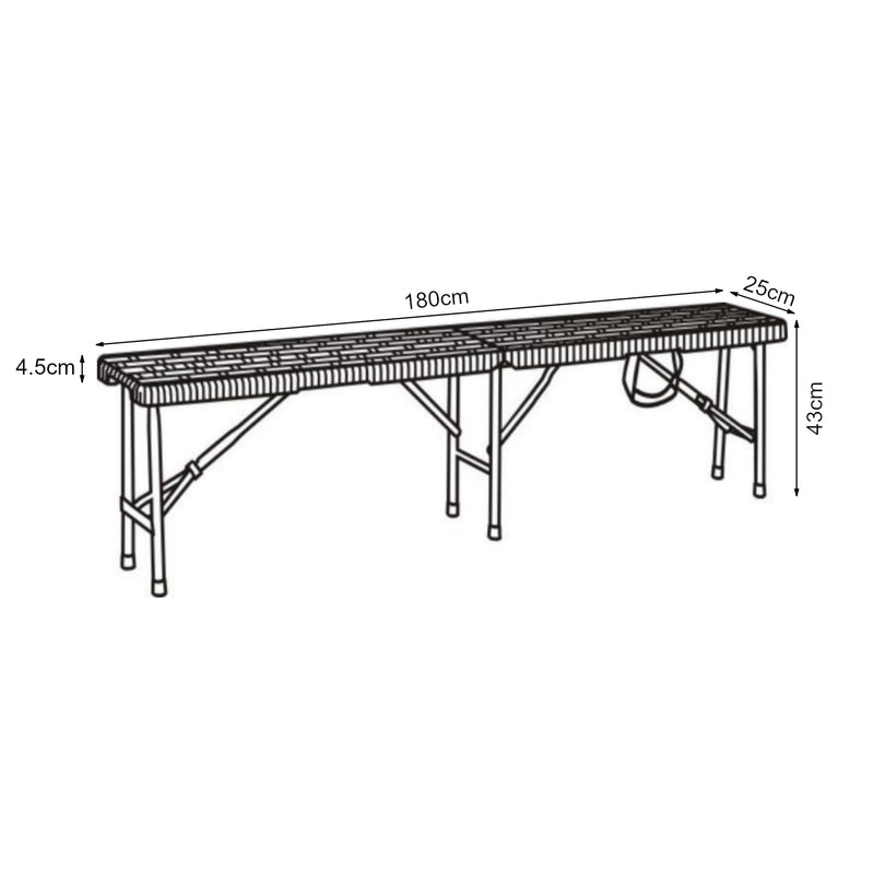 Croquis coté Lot de 2 bancs de camping pliables Mark 180 x 25 x 43 cm effet rotin noir [en.casa]