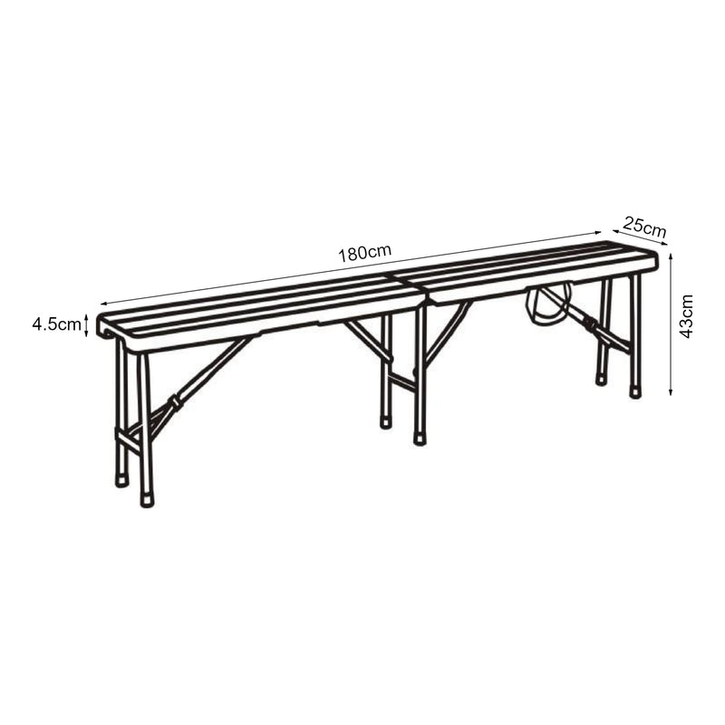 Croquis coté Lot de 2 bancs de camping pliables Lillestrøm 180 x 25 x 43 cm effet bois marron foncé [en.casa]