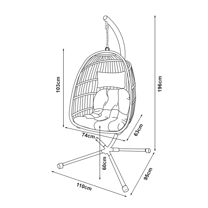 Croquis coté Fauteuil suspendu avec support Edeng 196 x 110 x 95 cm gris [en.casa]