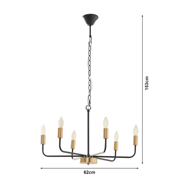 Kroonluchter Bishop 6-lichts 153x62x62 cm zwart en messing lux.pro