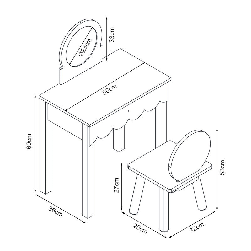 Croquis coté Table de maquillage pour enfants avec chaise Vestnes rose blanc [en.casa] 