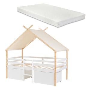 Lit cabane Surnadal avec matelas à mousse froide bois de pin 90 x 200 cm naturel blanc beige [en.casa]