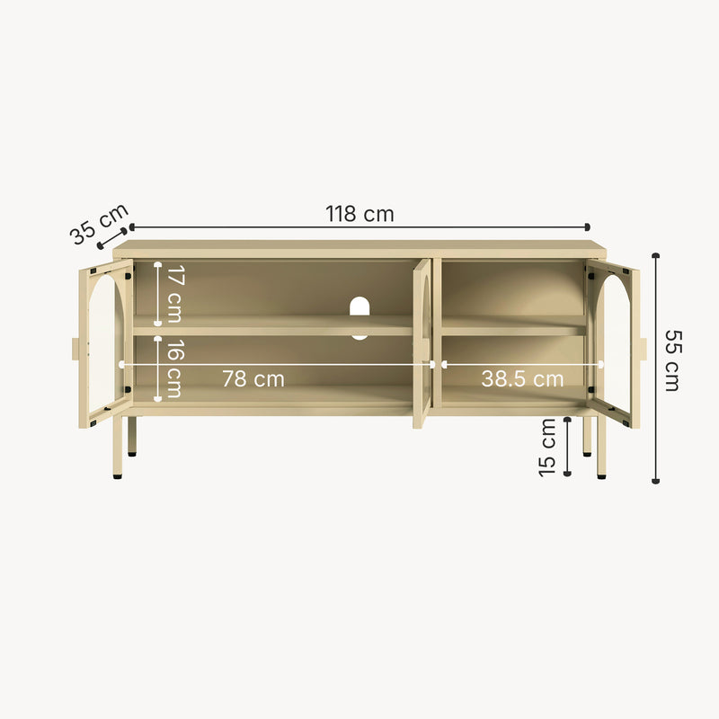 Croquis coté Buffet vitrine Klippestad acier verre 118 x 35 x 55 cm camel [en.casa]