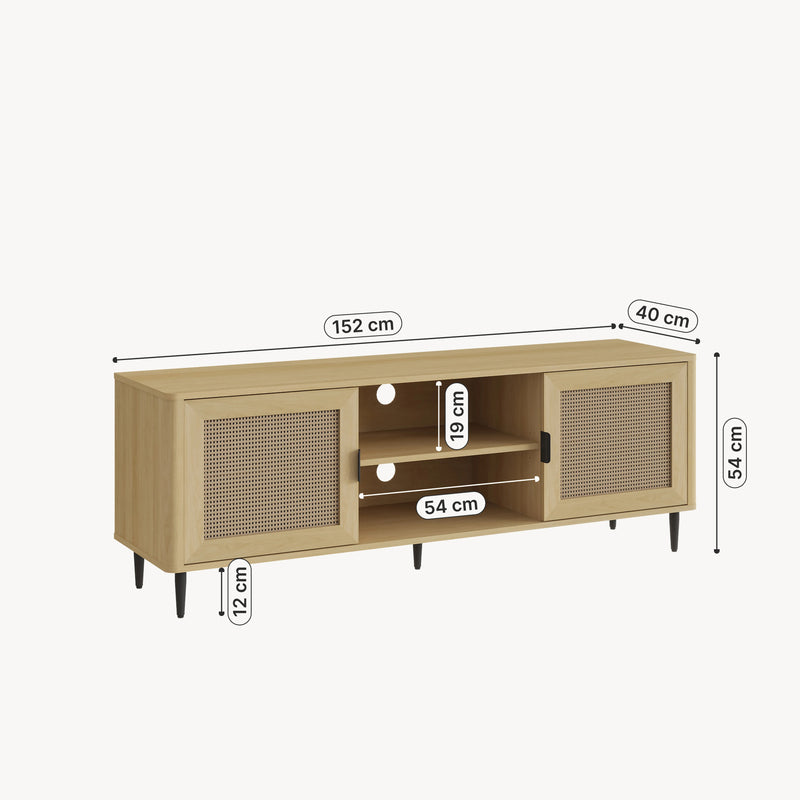 Croquis coté Meuble TV Lukhomso 152 x 40 x 54 cm effet chêne/ rotin [en.casa] 