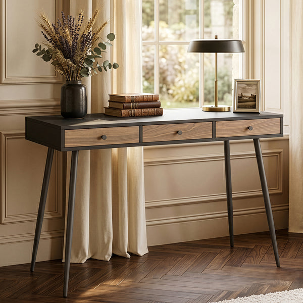 Bureau avec 3 tiroirs Tumba 76 x 115 x 48 cm noir effet noyer [en.casa]
