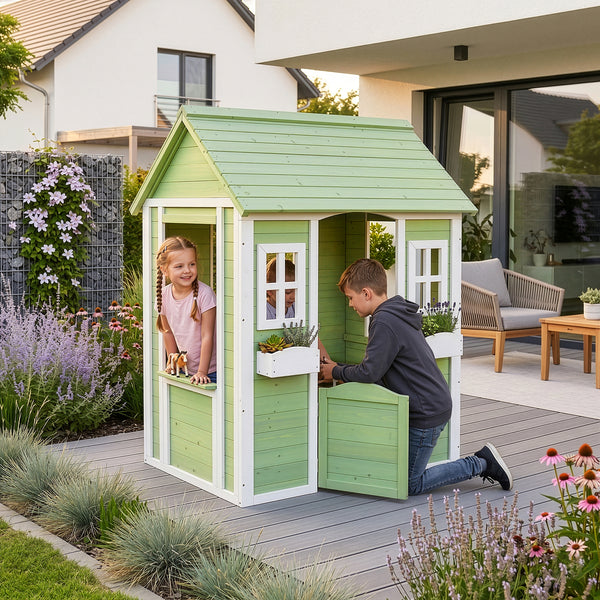 Maison de jeu pour enfants Kuoldsvin Bois de sapin 144x102x90 cm Vert/Blanc [en.casa]