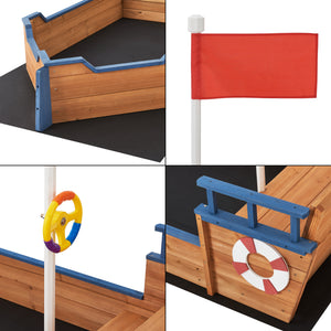 Bac à sable Mestia de forme bâteau en bois avec banc rabattable et drapeau 136 x 193 x 94 cm [en.casa]