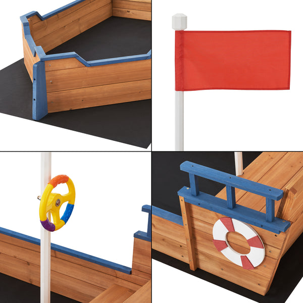 Bac à sable Mestia de forme bâteau en bois avec banc rabattable et drapeau 136 x 193 x 94 cm [en.casa]