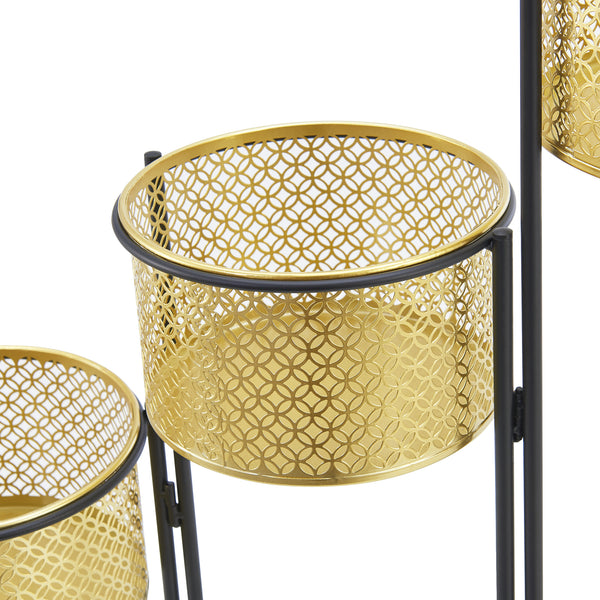 Support de plante (à 3 cache-pots) Doel pliable noir laiton [en.casa]