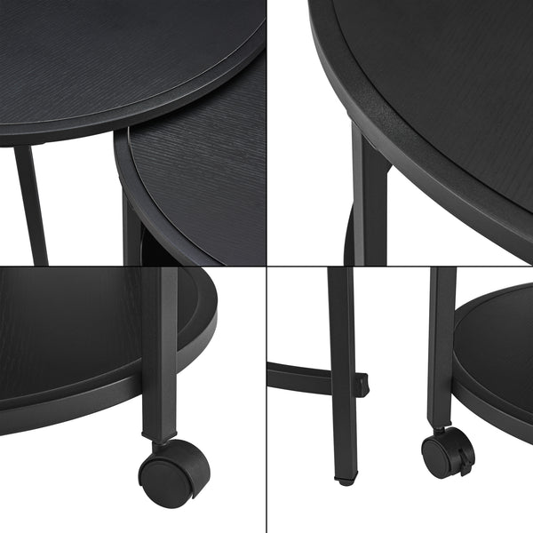 Lot de 2 tables basses Værøy rondes gigognes à roulettes et espace de rangement noir [en.casa]