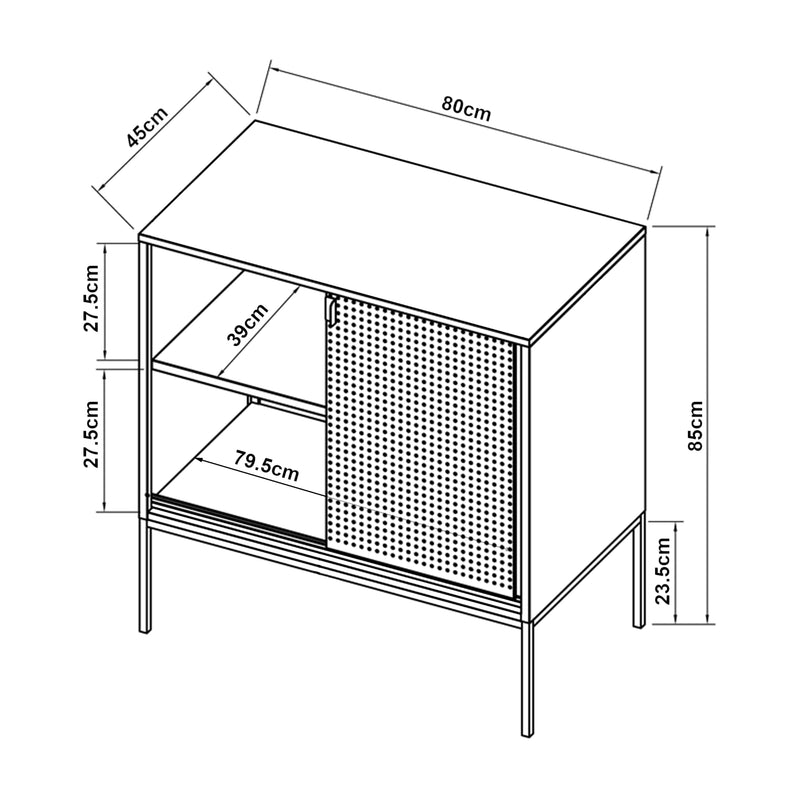 Croquis coté Buffet métallique Eidsvoll acier verre ondulé 85 x 80 x 45 cm vert noir [en.casa]