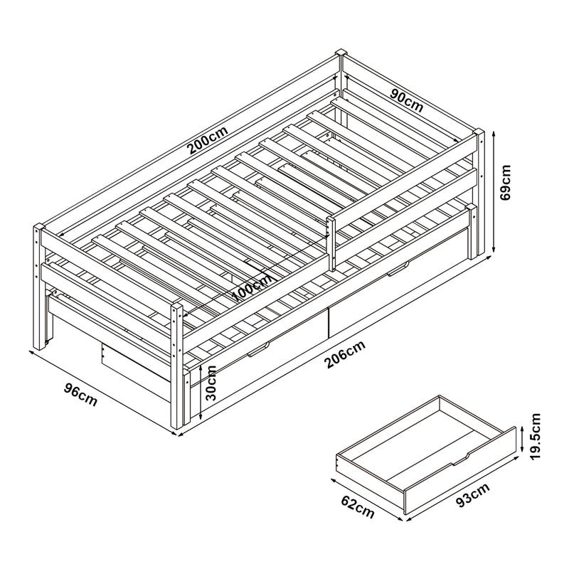 Croquis coté Lit gigogne pour enfant Sonkajärvi avec 2 tiroirs bois de pin 90 x 200 cm naturel [en.casa]