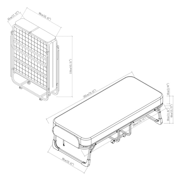 Lit pliant avec matelas en mousse froide Lustendi 90 x 200 cm noir effet chêne [en.casa]