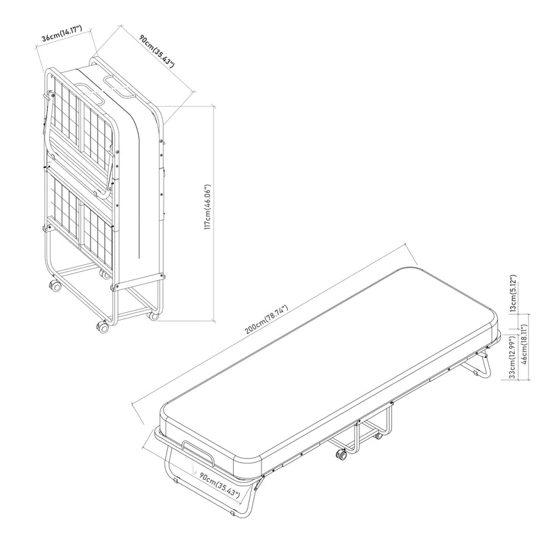 Croquis coté Lit pliant avec matelas à mémoire de forme Borjavle 90 x 200 cm noir gris blanc [en.casa]
