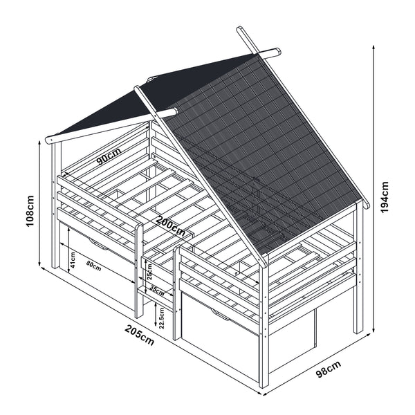 Lit cabane Surnadal avec matelas à mousse froide bois de pin 90 x 200 cm naturel blanc beige [en.casa]