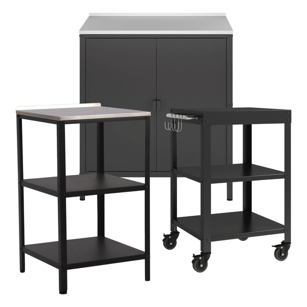 Tuinmeubelset Bolognano 3-delig kast rek serveerwagen staal zwart casa.pro