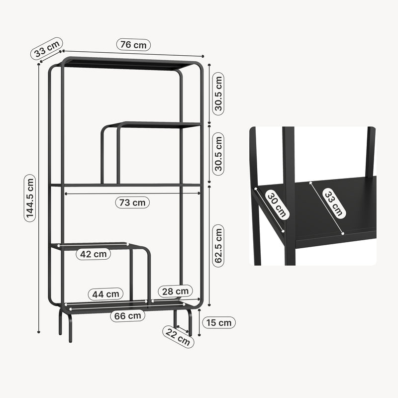 Croquis coté Étagère autoportante Færder acier 145 x 76 x 33 cm noir [en.casa]