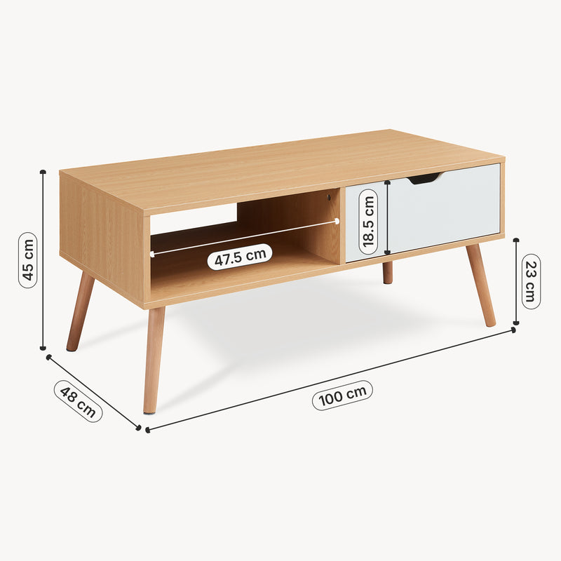 Croquis coté Table basse Bordkak avec tiroir 100 x 48 x 45 cm effet chêne blanc [en.casa]