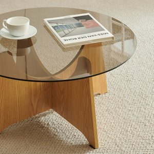 Salontafel 'Omlar' met glazen blad rond Ø70 x 35 cm eikenlook / rookgrijs
